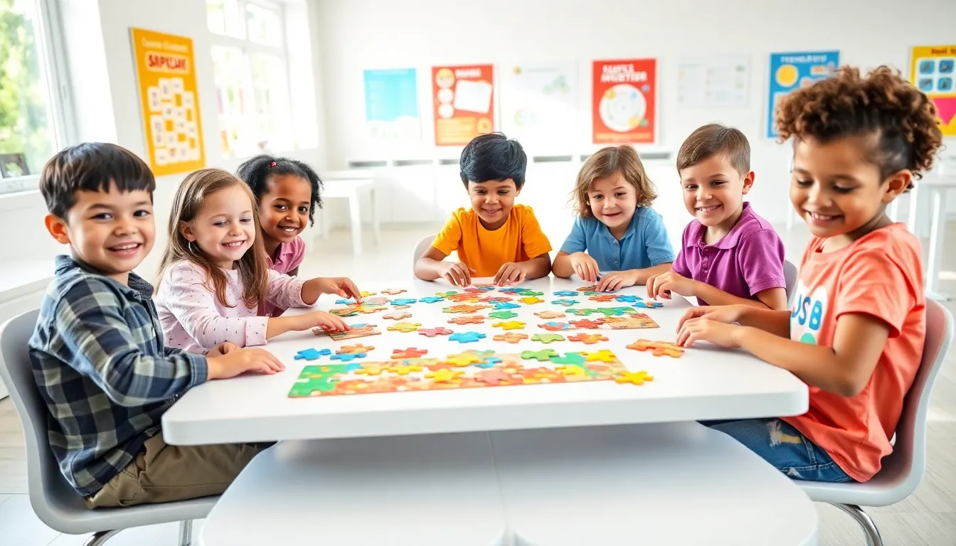 children happily working on colorful puzzles in a bright classroom.