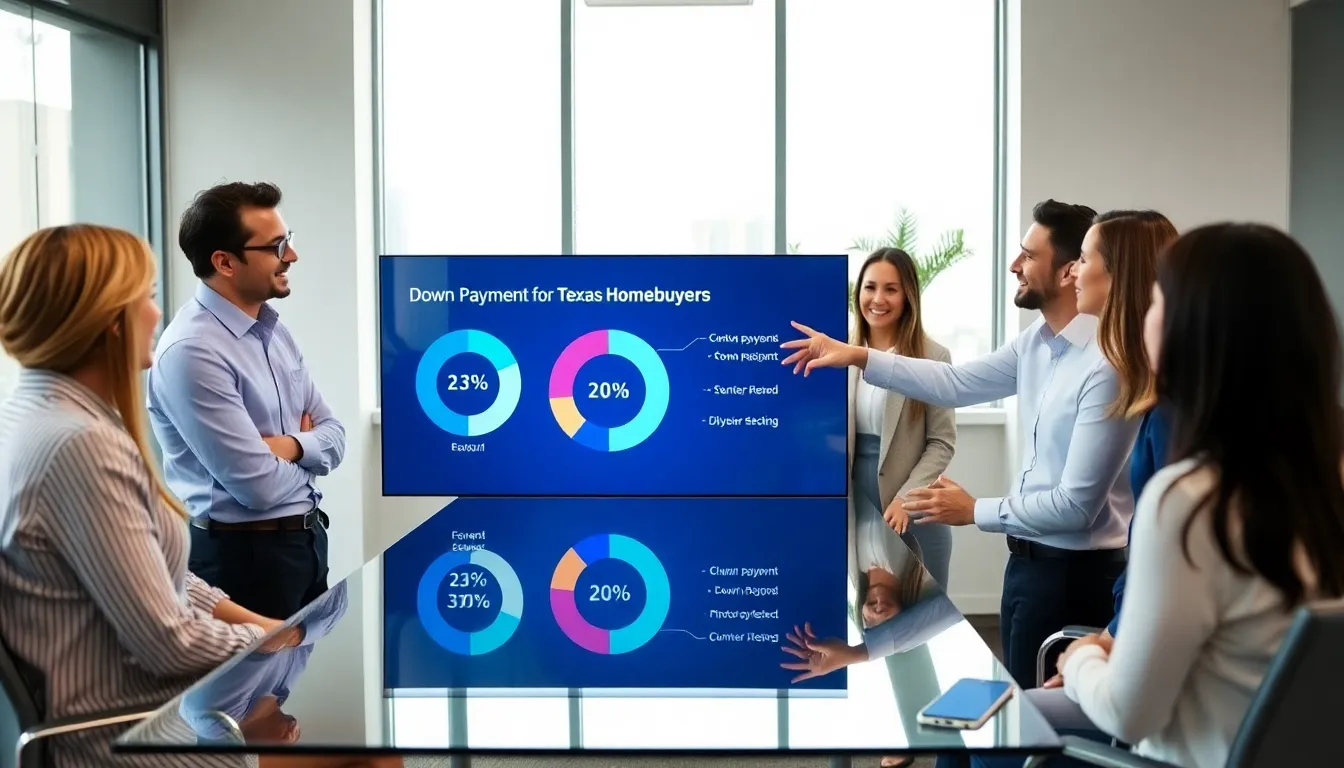 diverse professionals discussing home down payments in a modern office.
