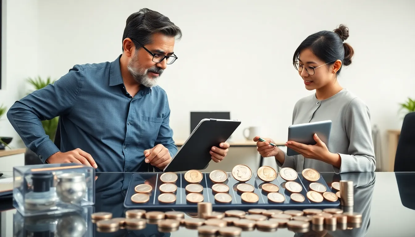 diverse collectors examining modern dimes in a contemporary workspace.