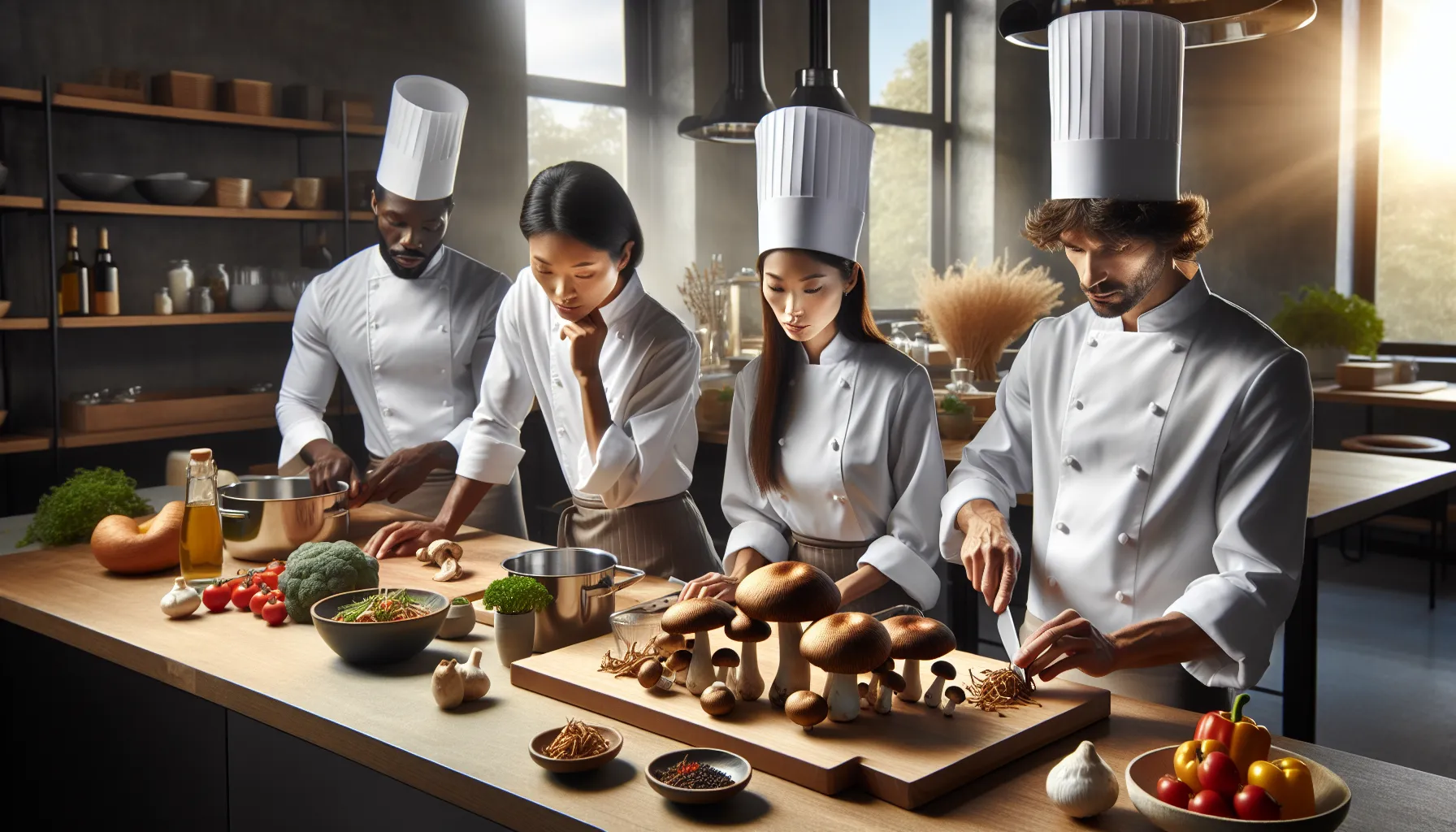 chefs preparing dishes with bryggstrut mushrooms in a modern kitchen.