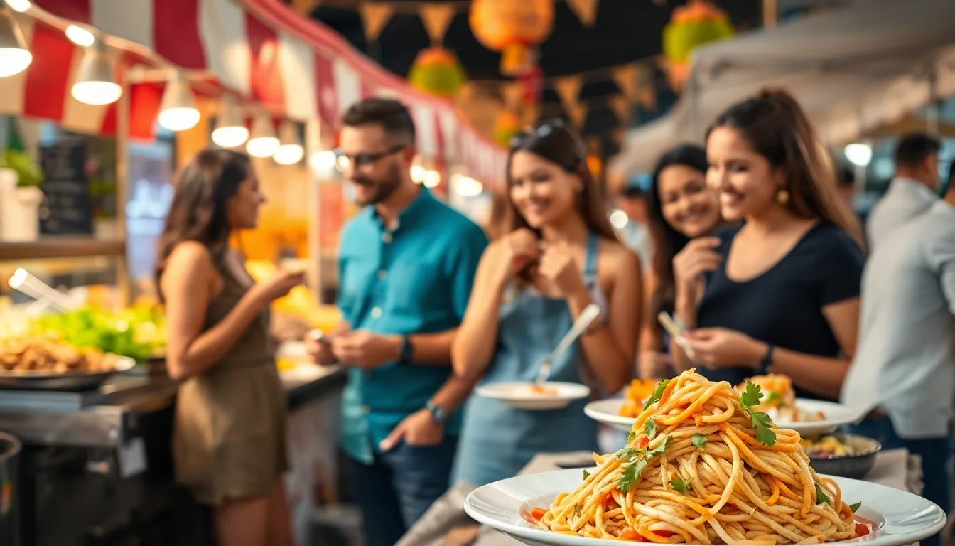 diverse travelers enjoying food at an outdoor market.