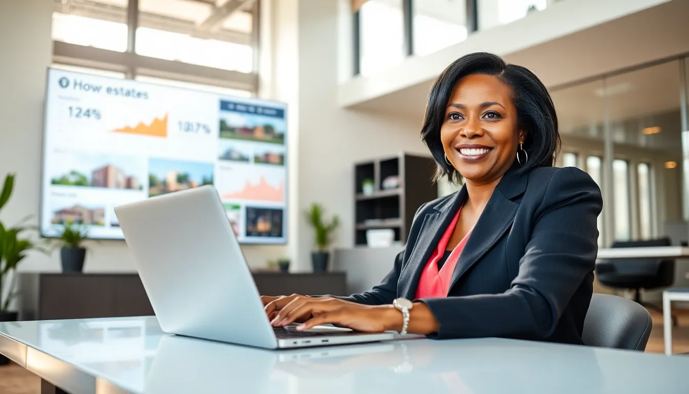 a woman in a modern office discussing real estate on a video call.