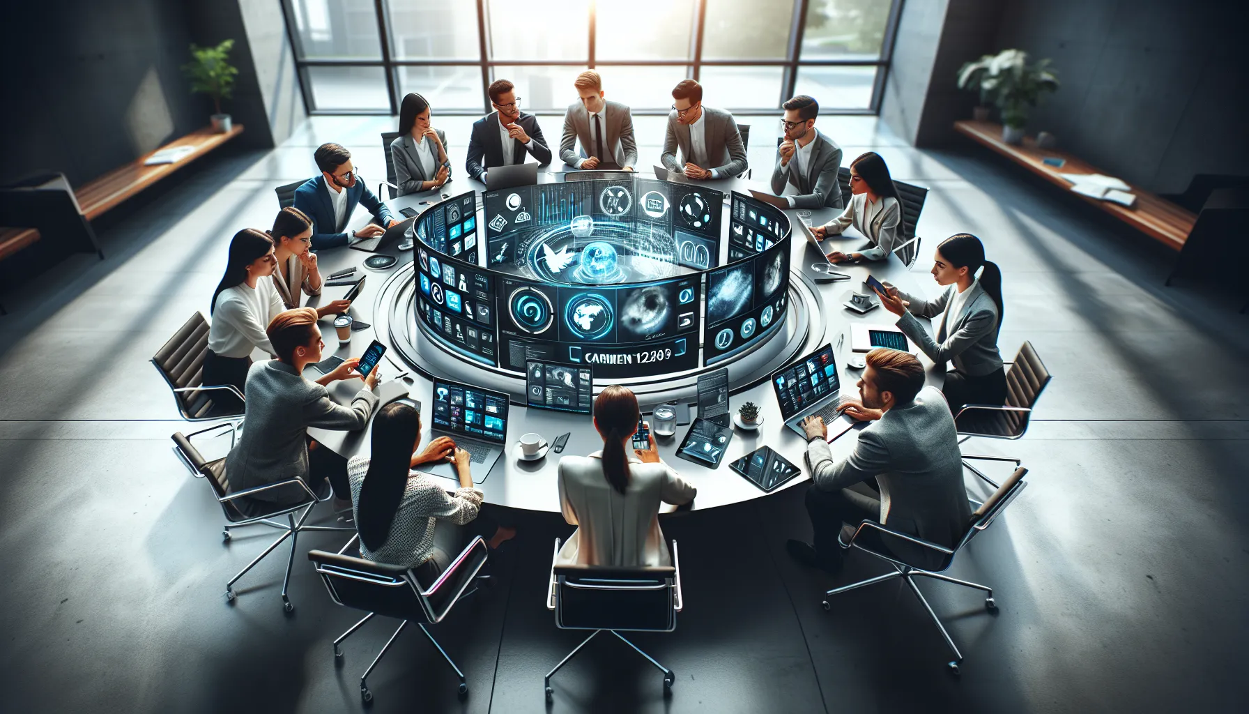 diverse professionals discussing trends in a modern office setting.