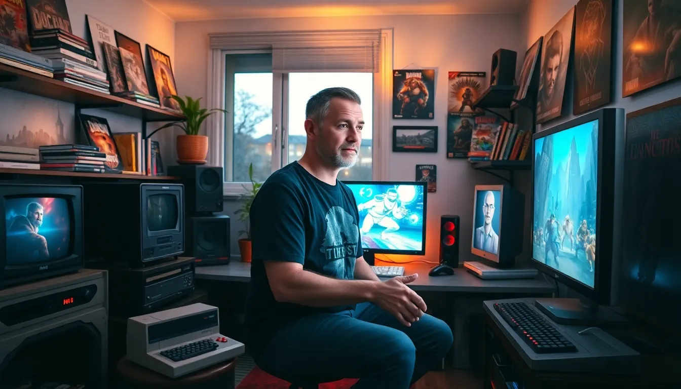a gamer immersed in a modern gaming room filled with vintage consoles.