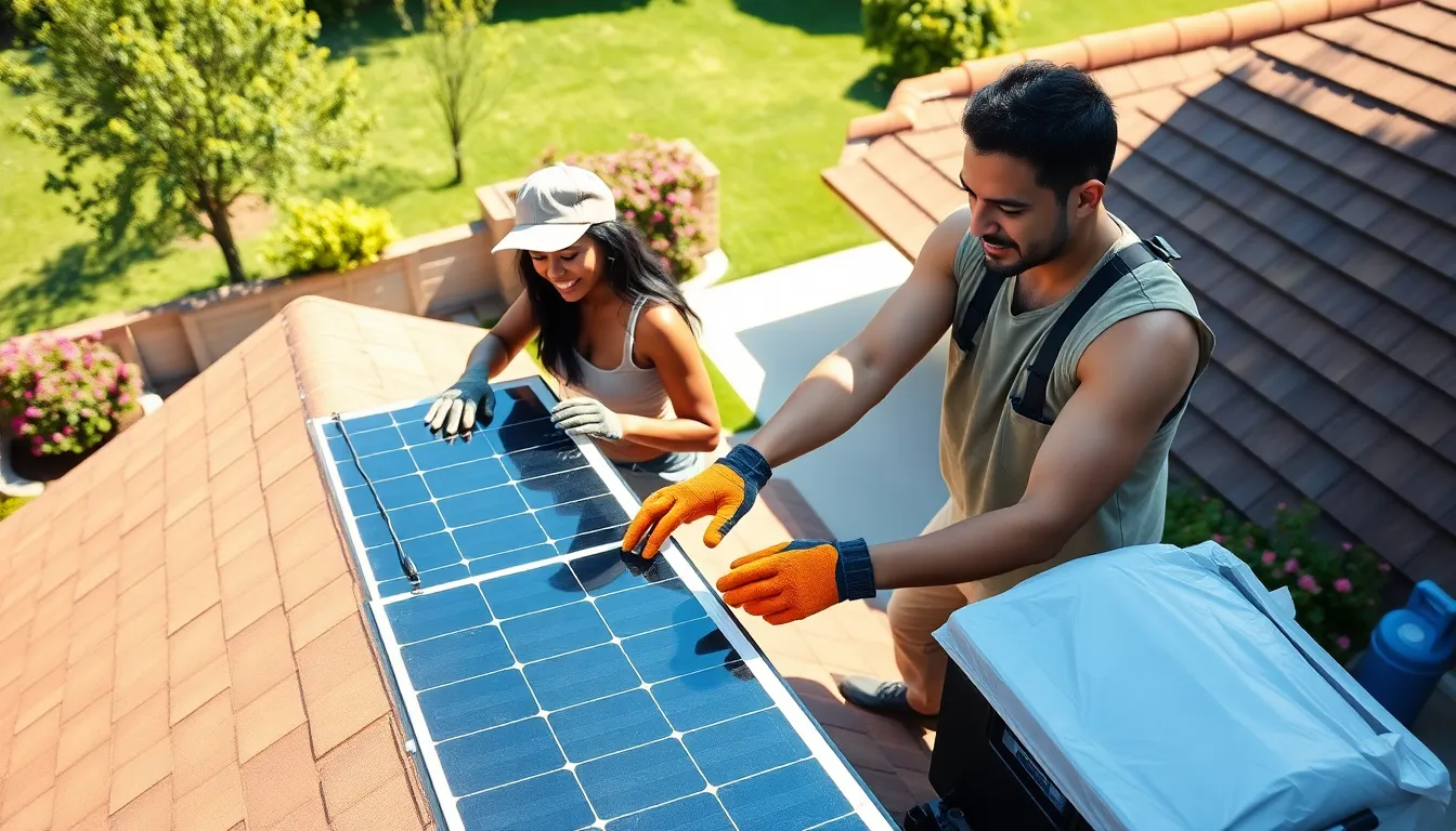 a couple installing DIY solar panels on their house roof.