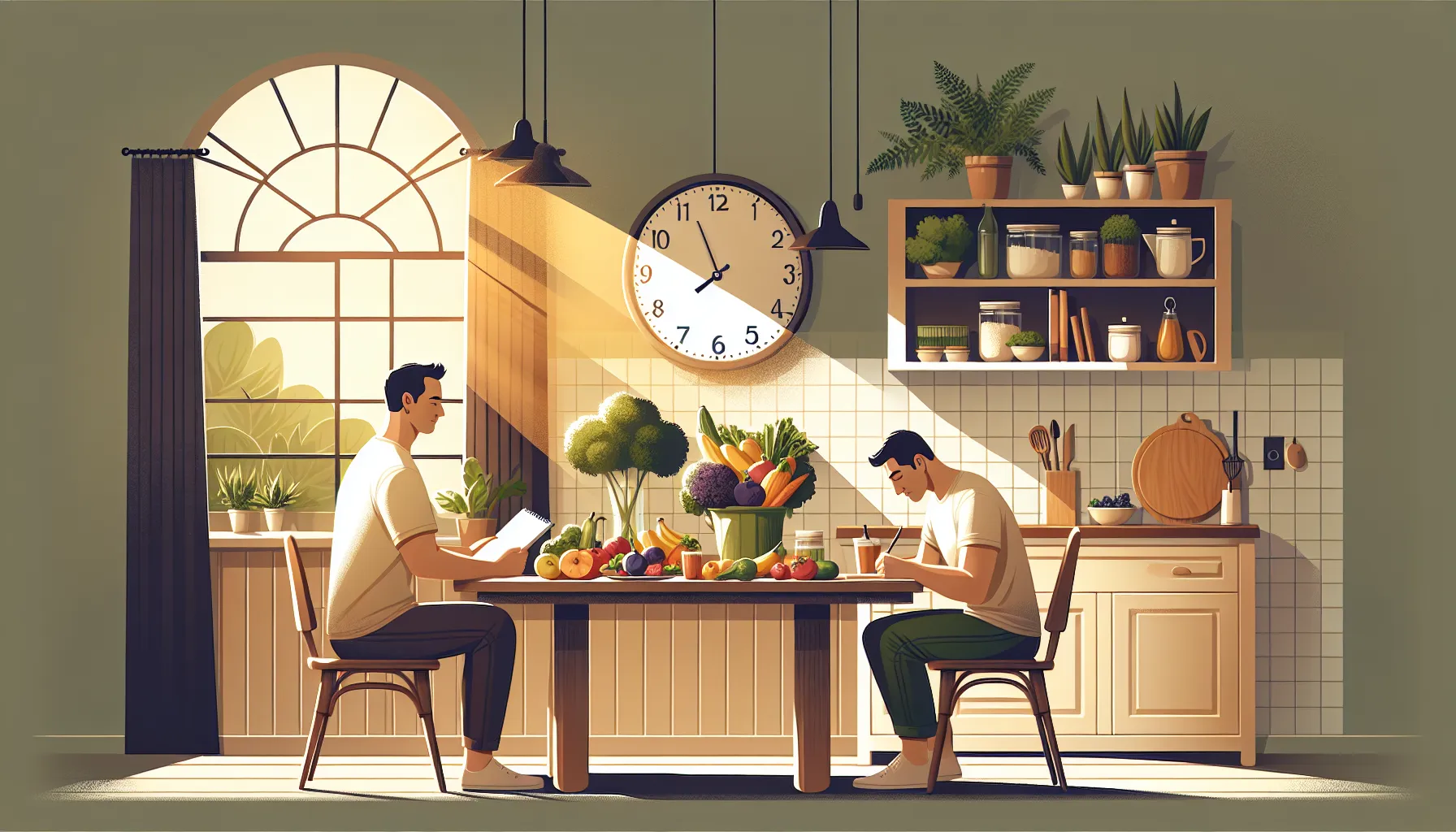 A person planning meal times in a cozy sunlit kitchen.