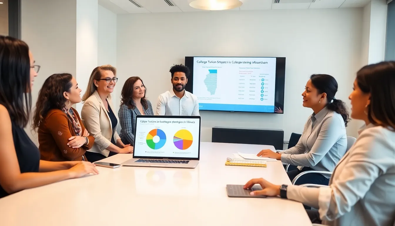 diverse team discussing Illinois college tuition costs in a modern office.