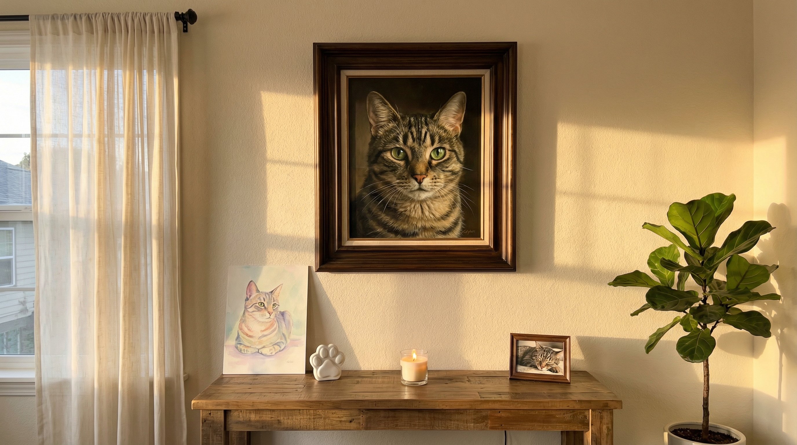 Framed realistic cat portrait on a sunlit living room wall with memorial keepsakes.