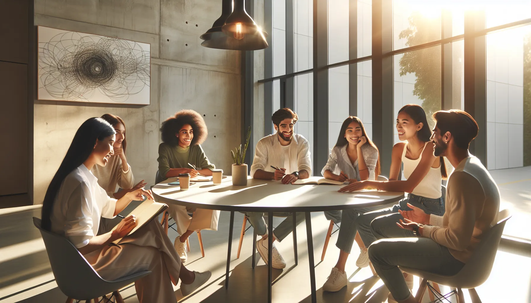 famous parenting influencers discussing in a modern office.