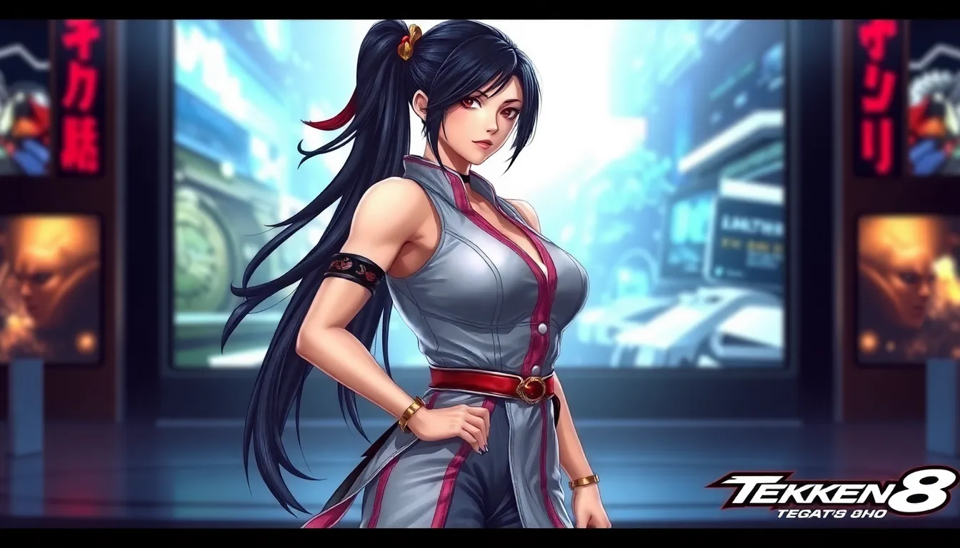 Jun Kazama in a modern gaming setting, embodying strength and grace.