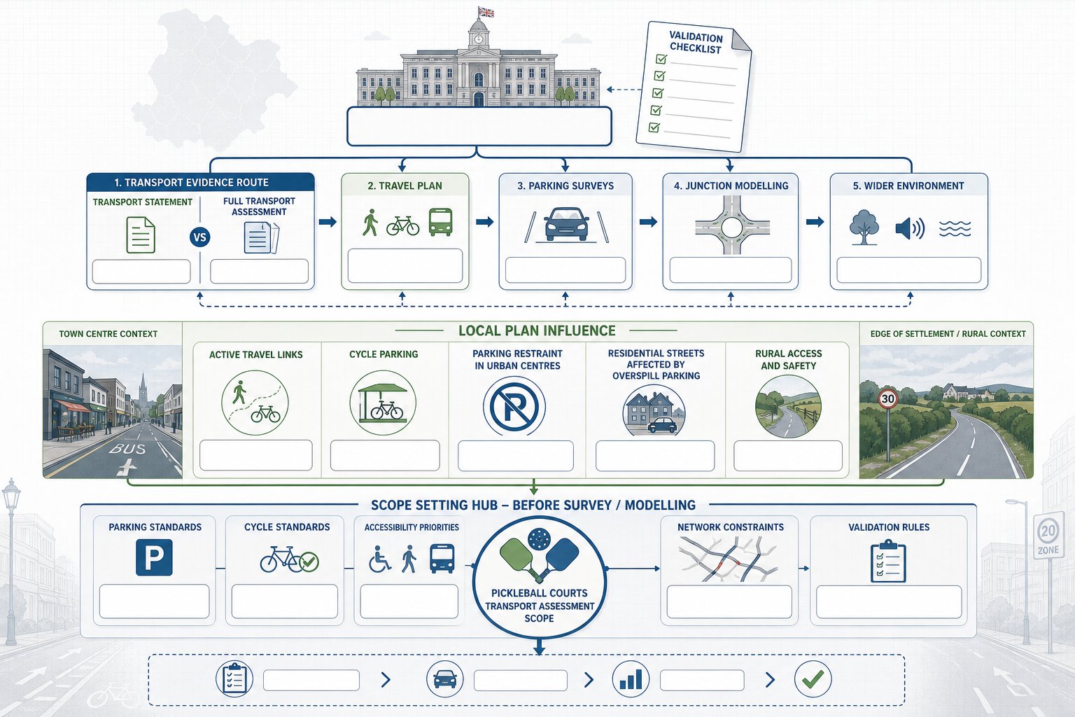 UK planning infographic showing local policy shaping pickleball transport assessment scope.