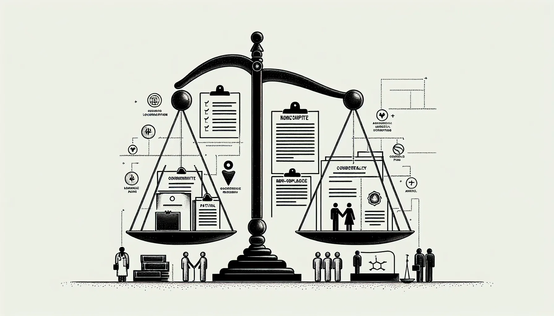 Line art of a physician beside a scale weighing noncompete vs non-solicit documents.