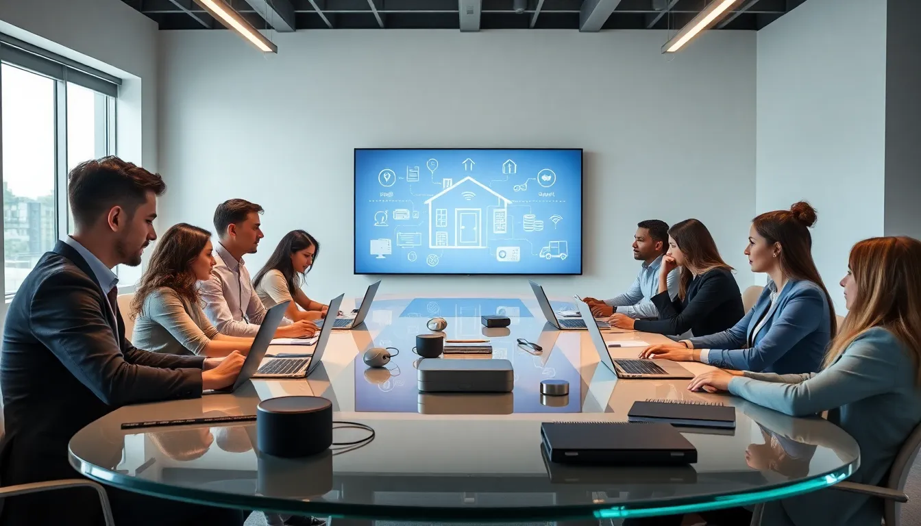 diverse professionals discussing smart gadgets in a modern office.