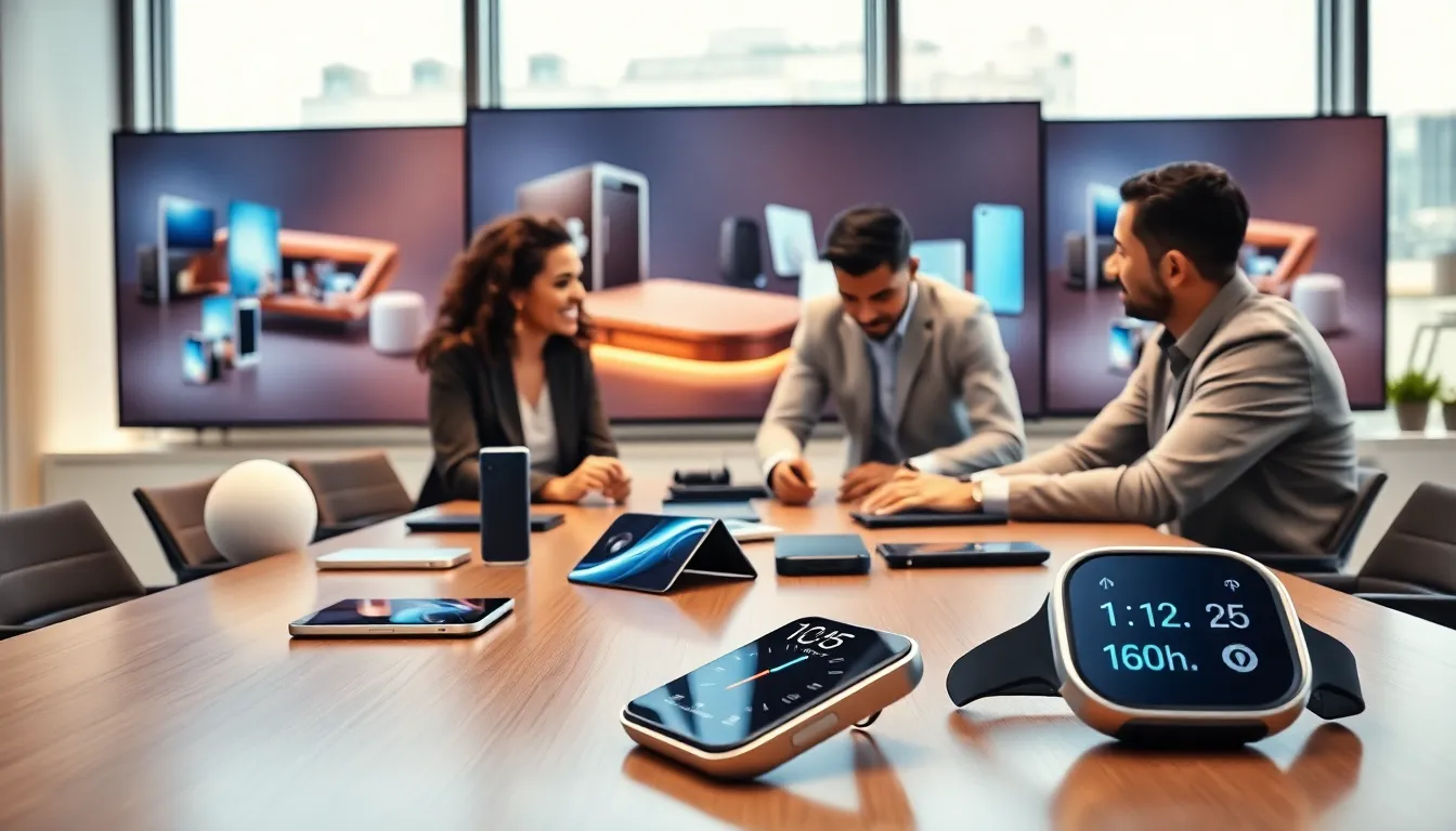 diverse professionals discussing innovative gadgets in a modern office.