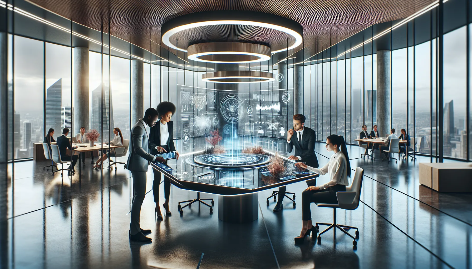 diverse professionals collaborating in a modern tech office setting.