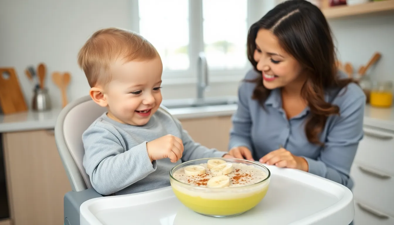 baby exploring a bowl of oatmeal in a bright kitchen.