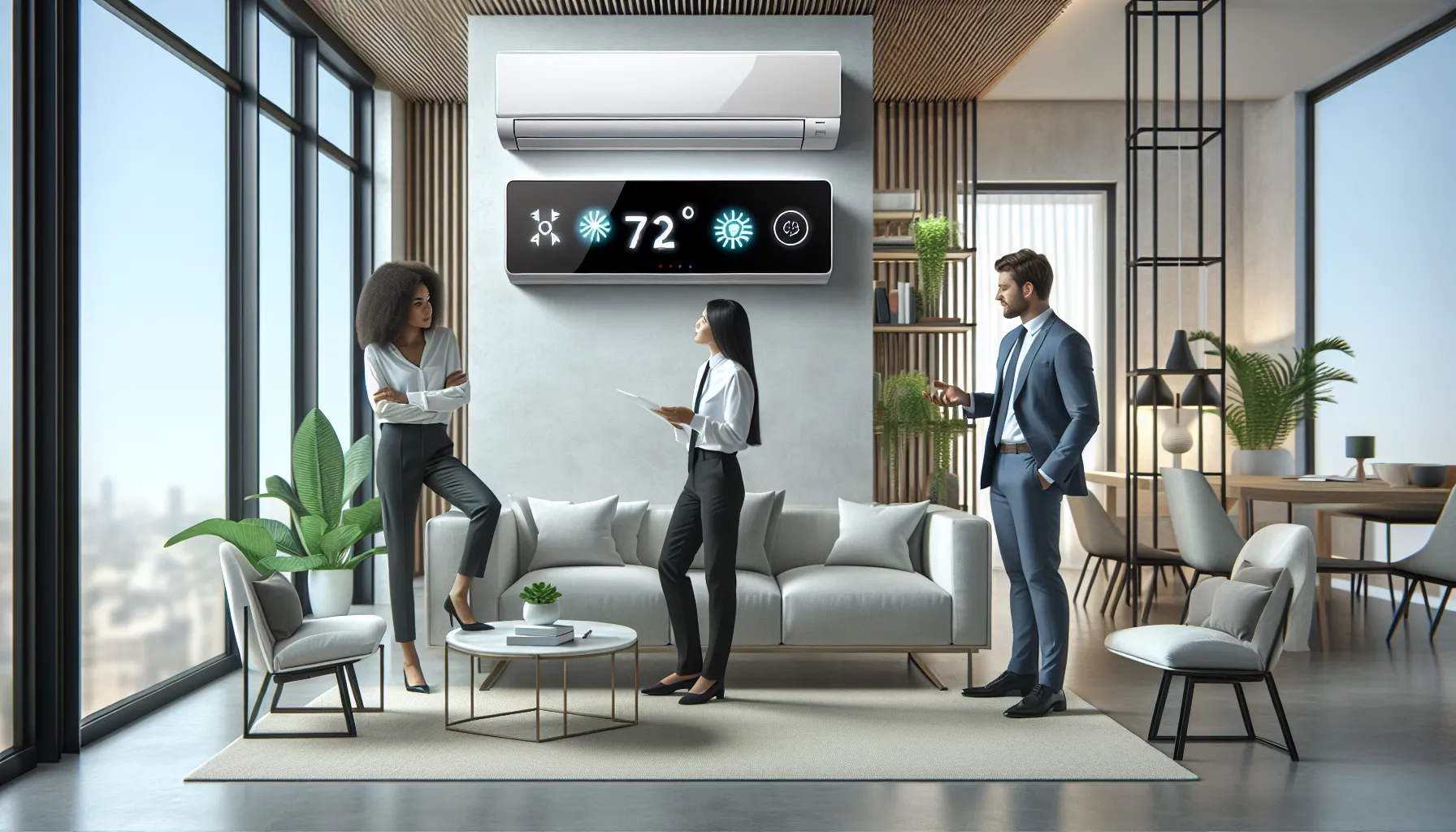 team adjusting settings on a Uy48Lo air conditioner in a modern living room.