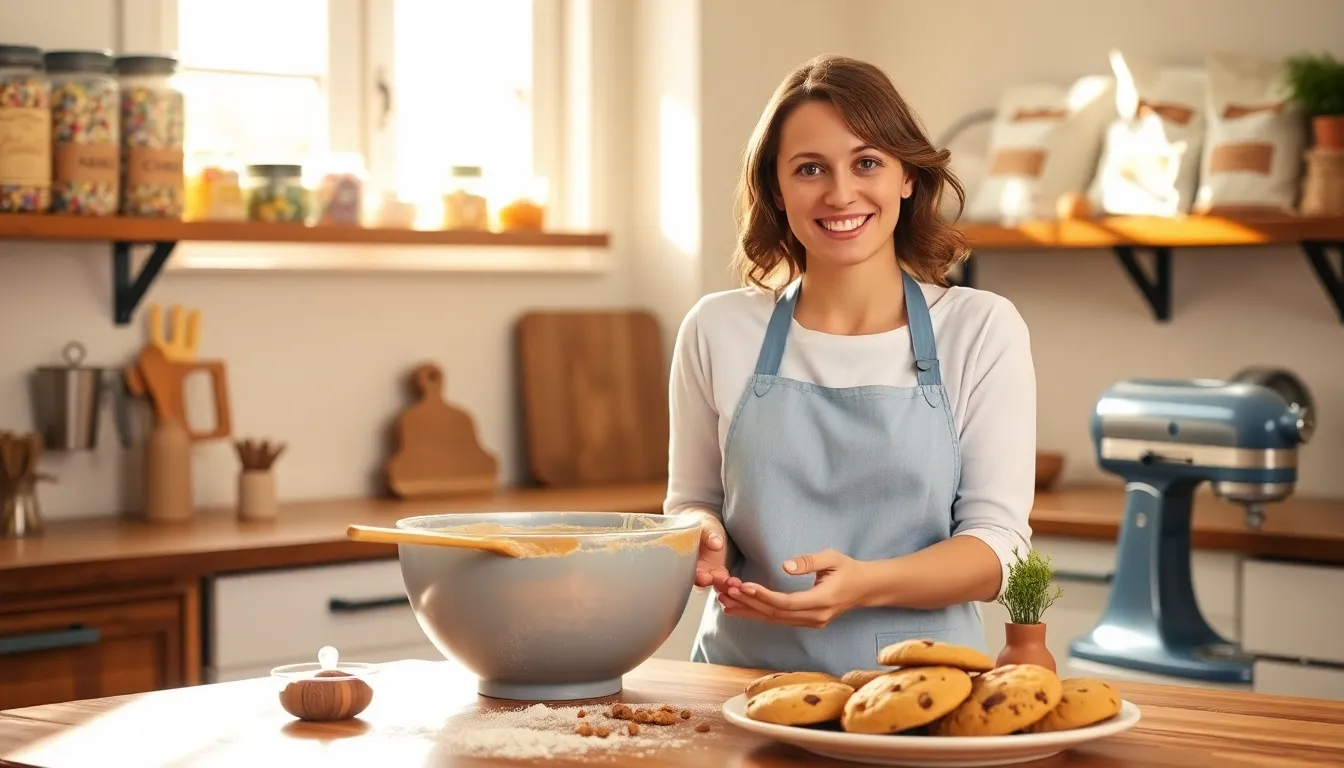 Mary baking cookies in a sunlit kitchen, surrounded by ingredients and baked goods.