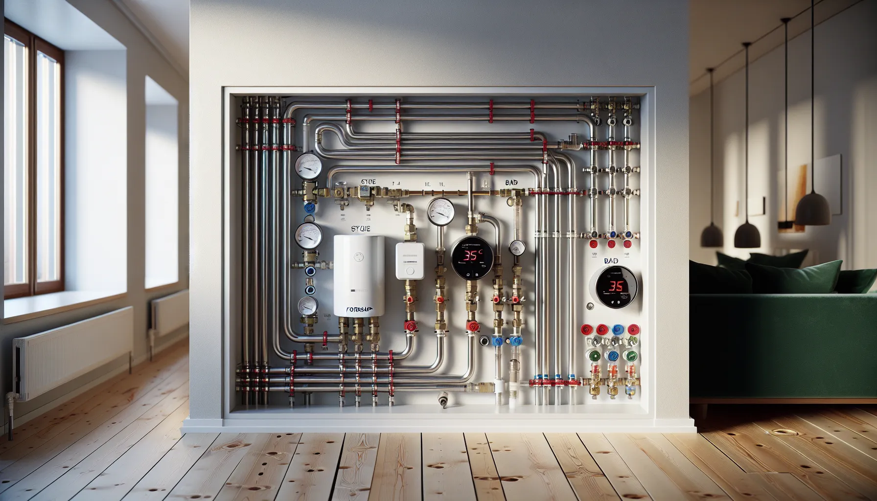 Open hydronic manifold cabinet in a modern norwegian home with floor heating.
