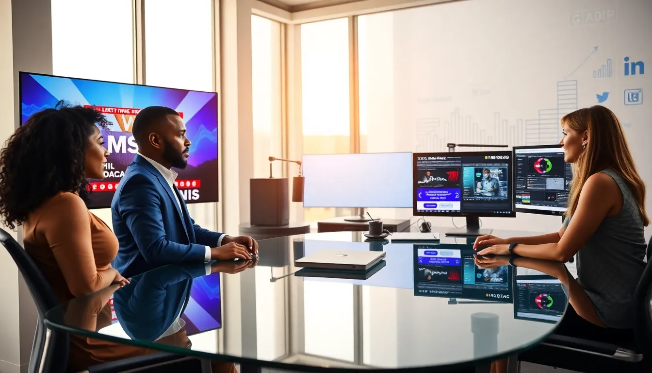 diverse team discussing types of broadcast media in a modern office.
