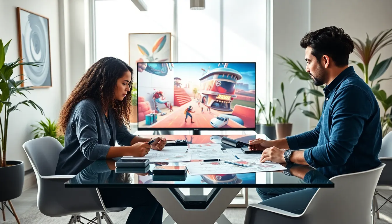 diverse team collaborating on game design in a modern office.