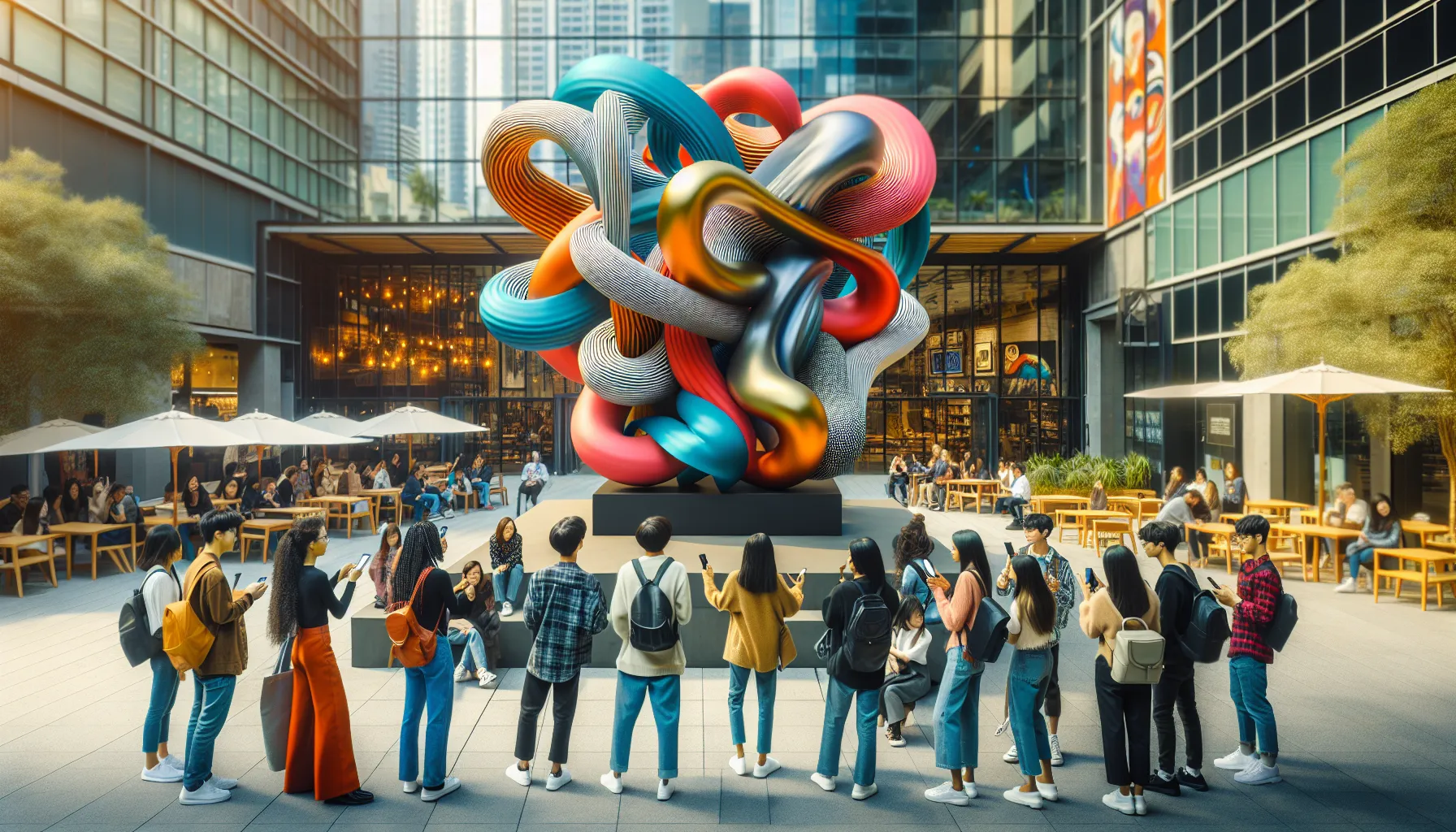 Art installation in New York City with diverse people discussing.