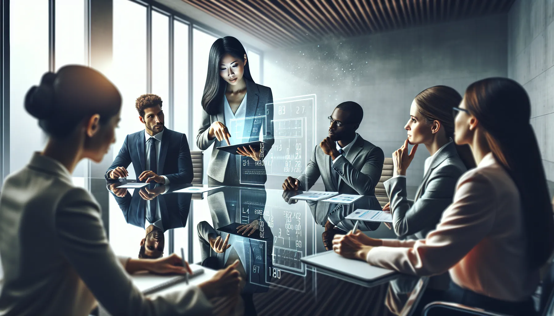 professionals discussing data insights in a modern office.