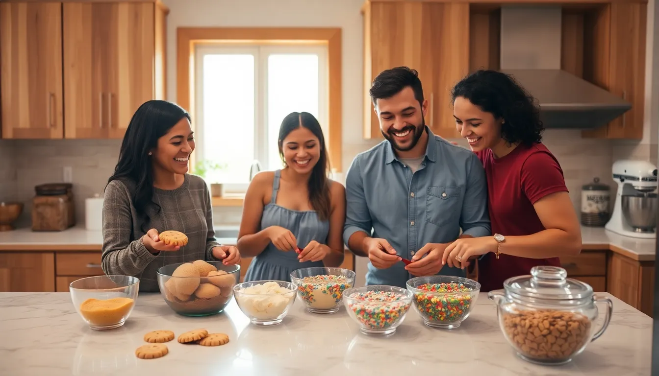 friends joyfully baking cookies in a warm kitchen.