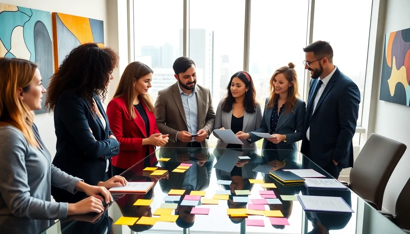 diverse professionals brainstorming in a modern office setting.