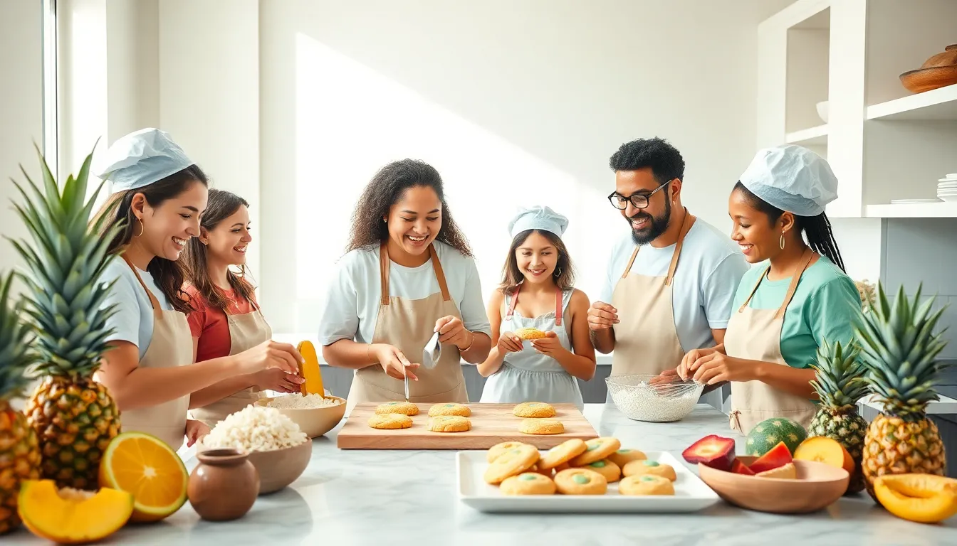 diverse bakers preparing tropical cookies in a modern kitchen.