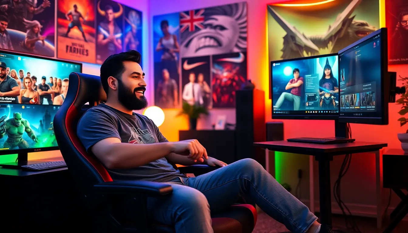 Larry Nando streaming gameplay in a modern gaming room.