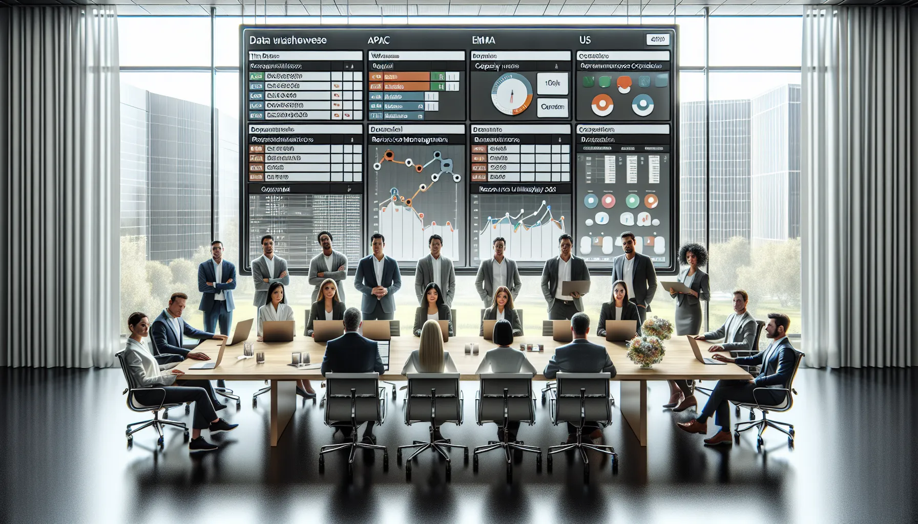 Data professionals reviewing global Tableau extract refresh schedules on a large office dashboard.