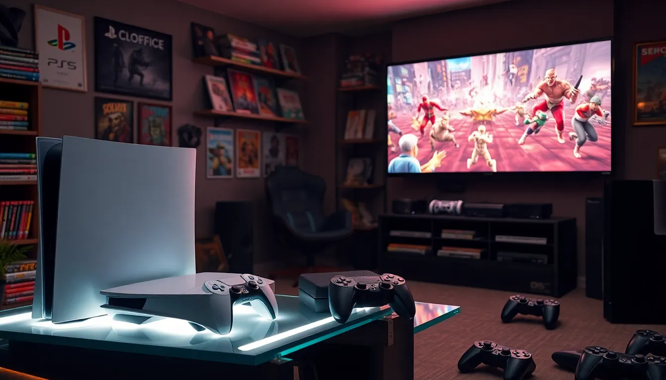 a gaming room displaying various PlayStation consoles through the years.