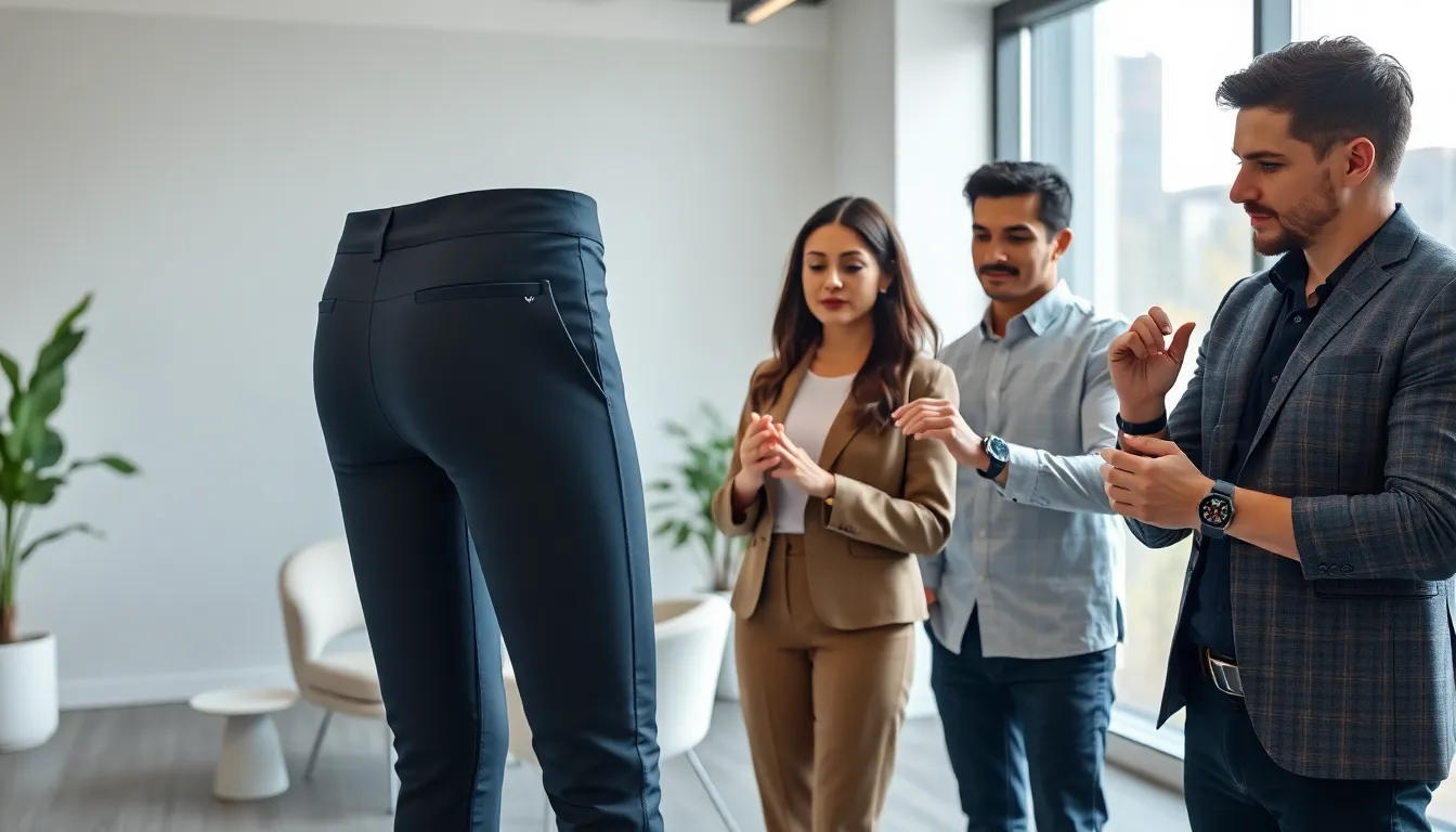 professionals testing smart pants in a modern office setting.