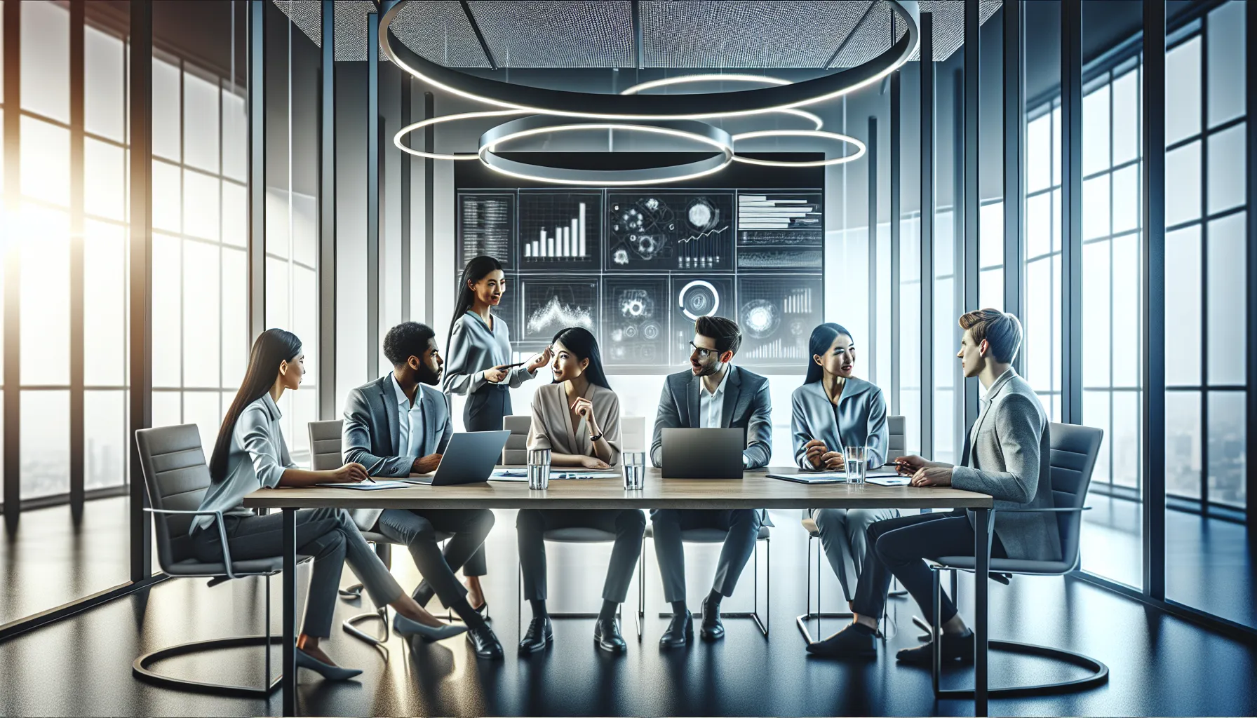diverse professionals discussing data in a modern office.
