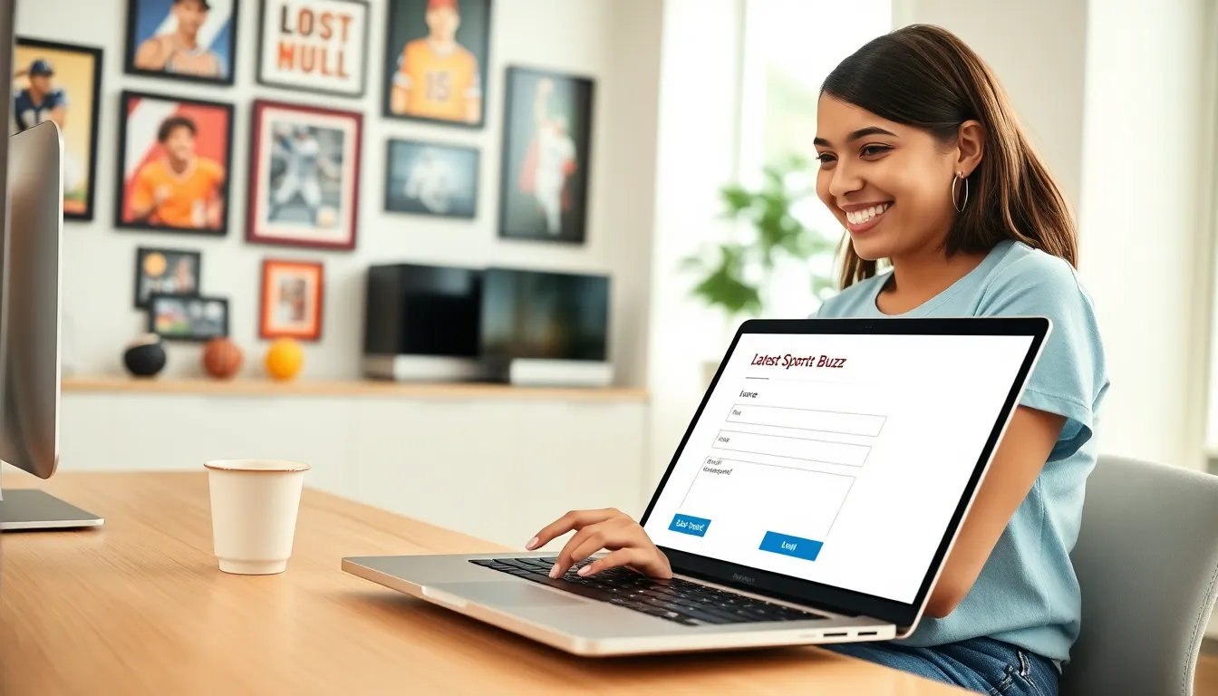 a woman filling out the Latest Sports Buzz contact form on a laptop.