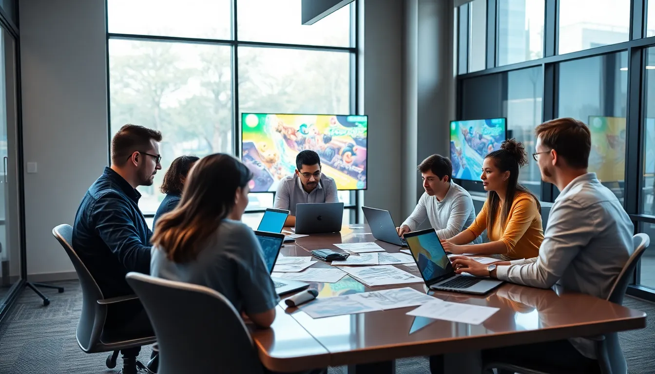 diverse team of game developers collaborating in a modern office.