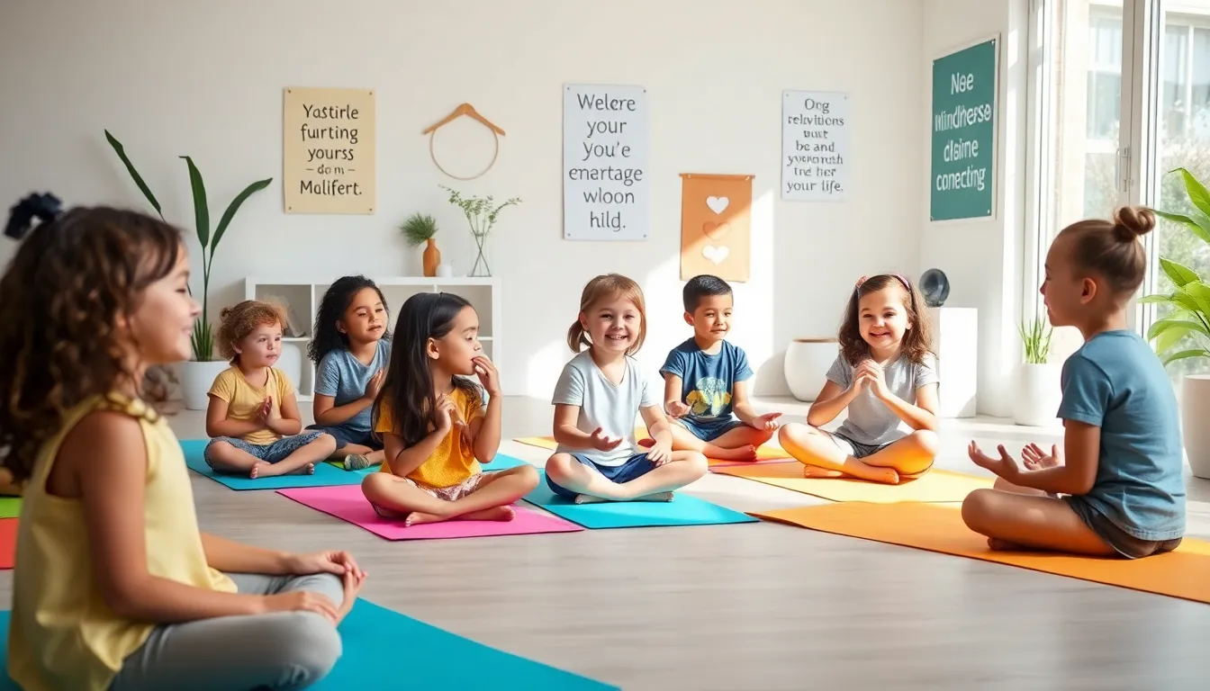 children engaged in mindfulness activities in a bright classroom.