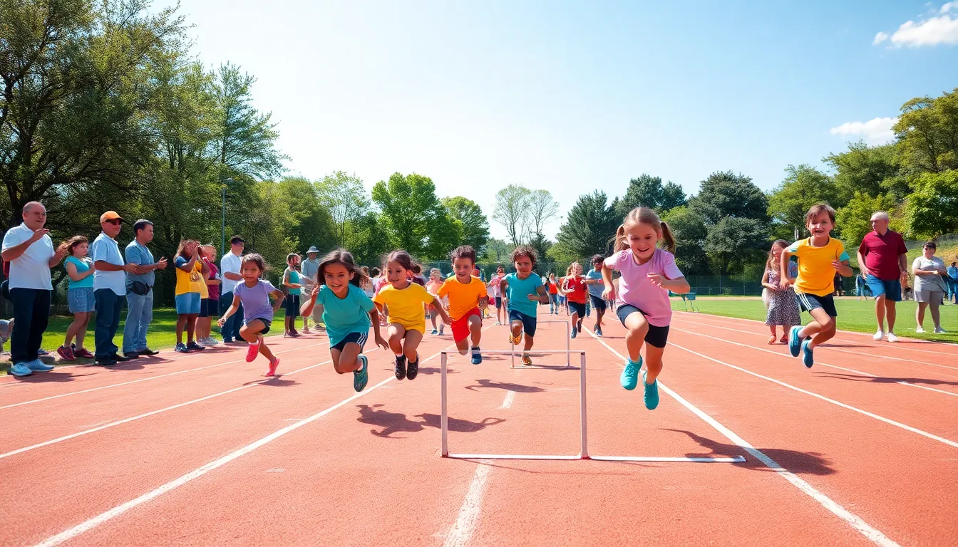children participating in a cheerful athletics event outdoors.