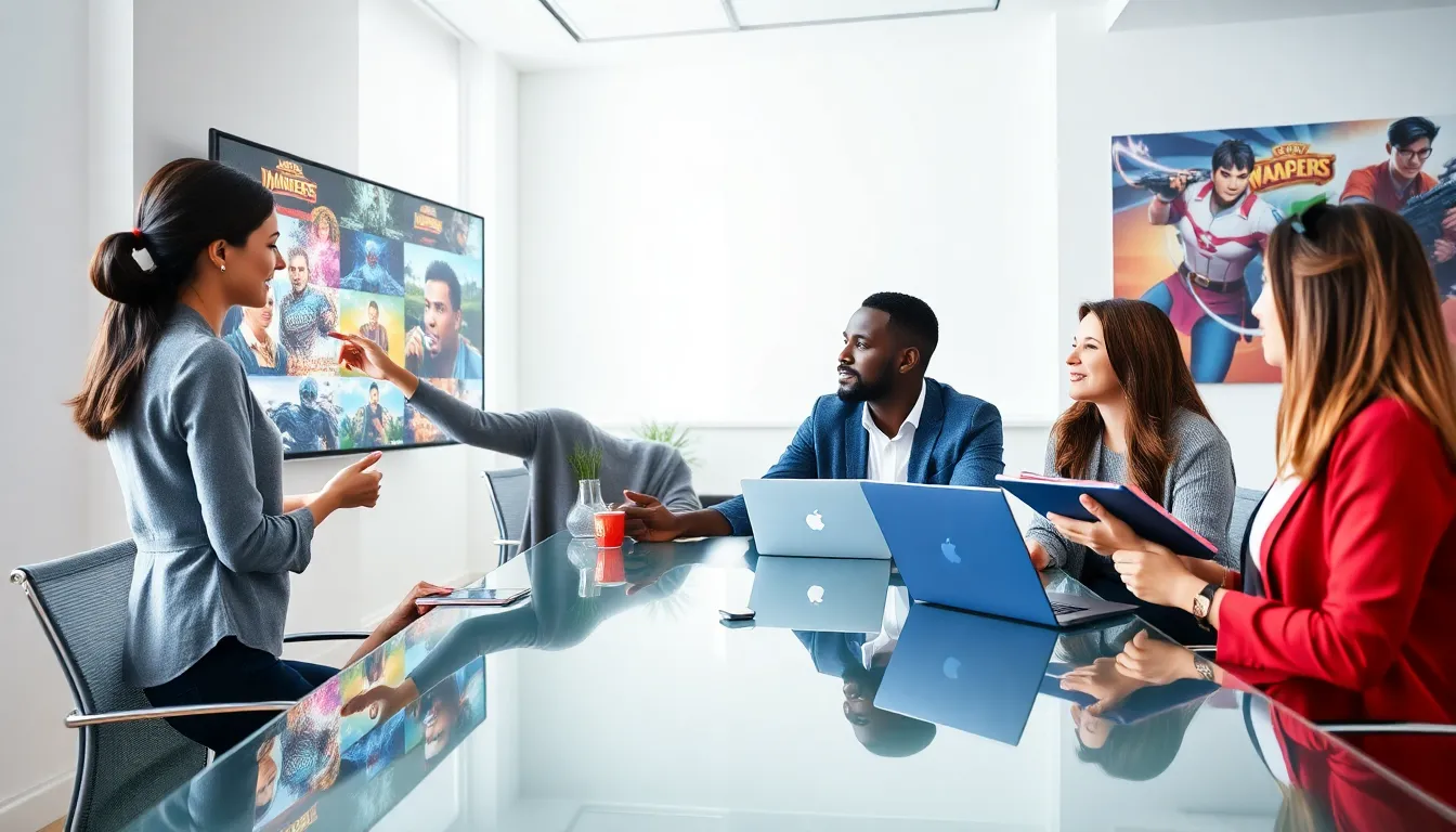 diverse team discussing video game concepts in a modern office.