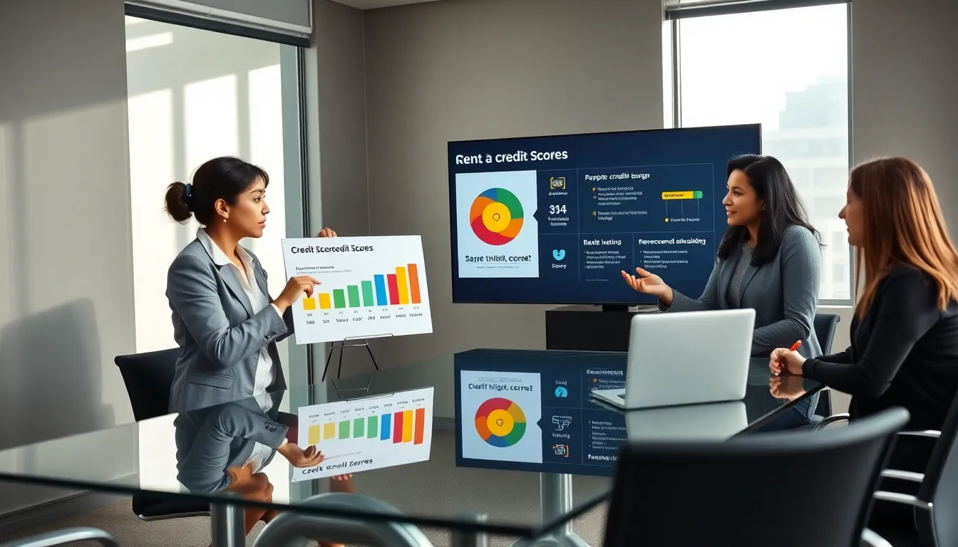 diverse team discussing credit scores in a modern office setting.