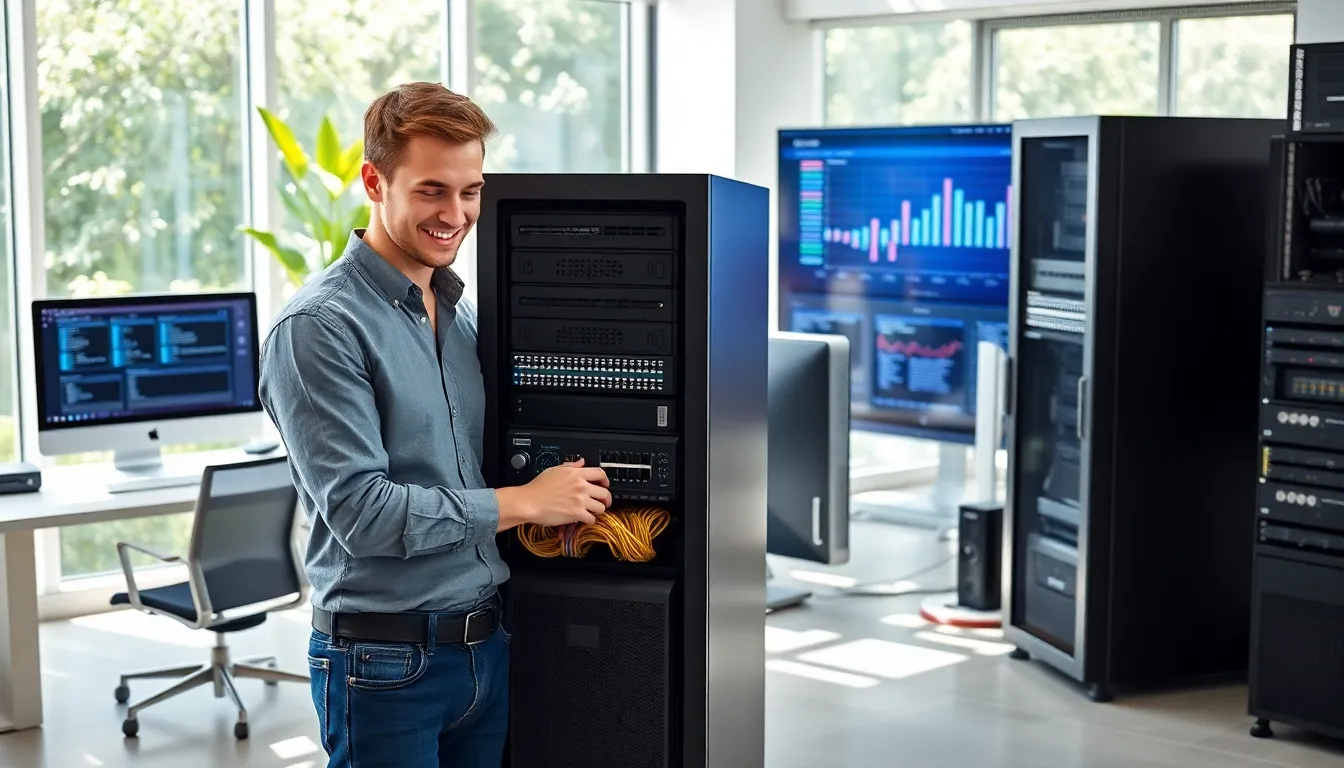 an IT professional configuring a server in a modern office.