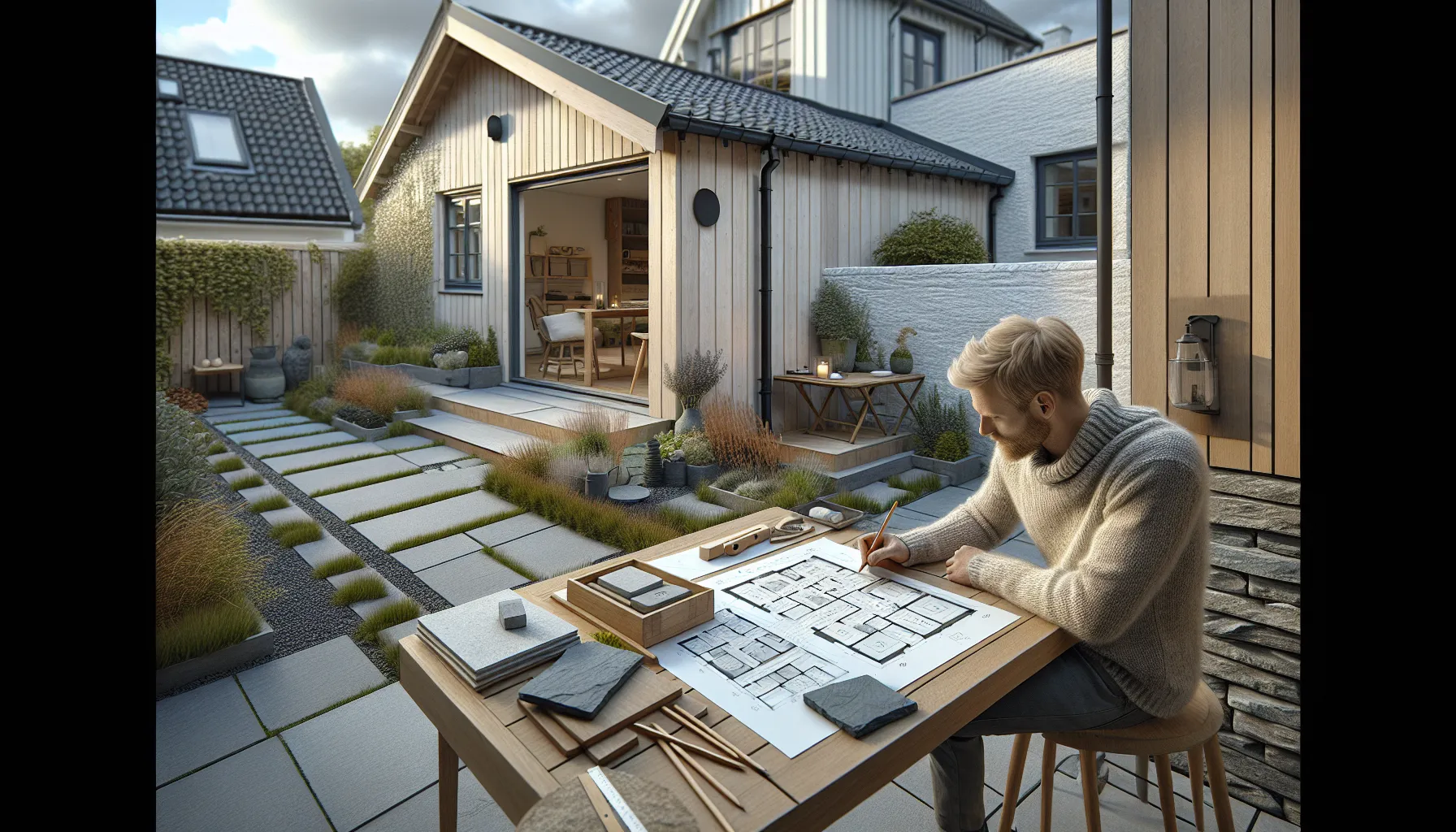 Hvordan velge riktig stein for små hager: plassbesparende og estetiske løsninger 3 Person planning a small norwegian garden with stone samples and a sketched layout.