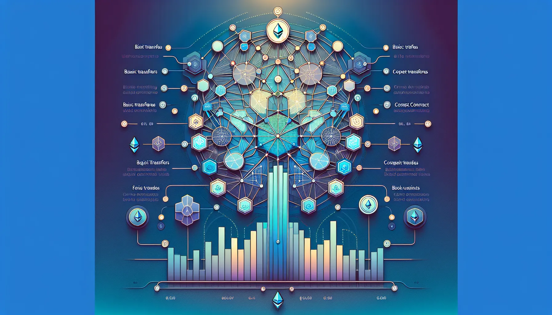 Layered infographic showing Ethereum gas fee factors including network demand, transaction complexity, and block constraints.
