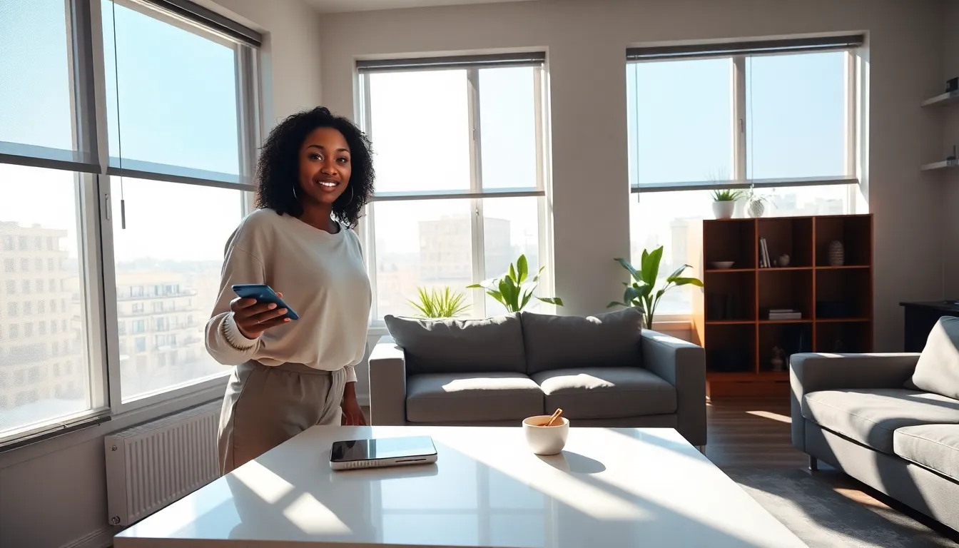 a woman adjusting smart blinds in a modern living room.