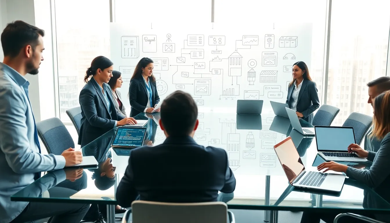 diverse professionals discussing blockchain technology in a modern office.
