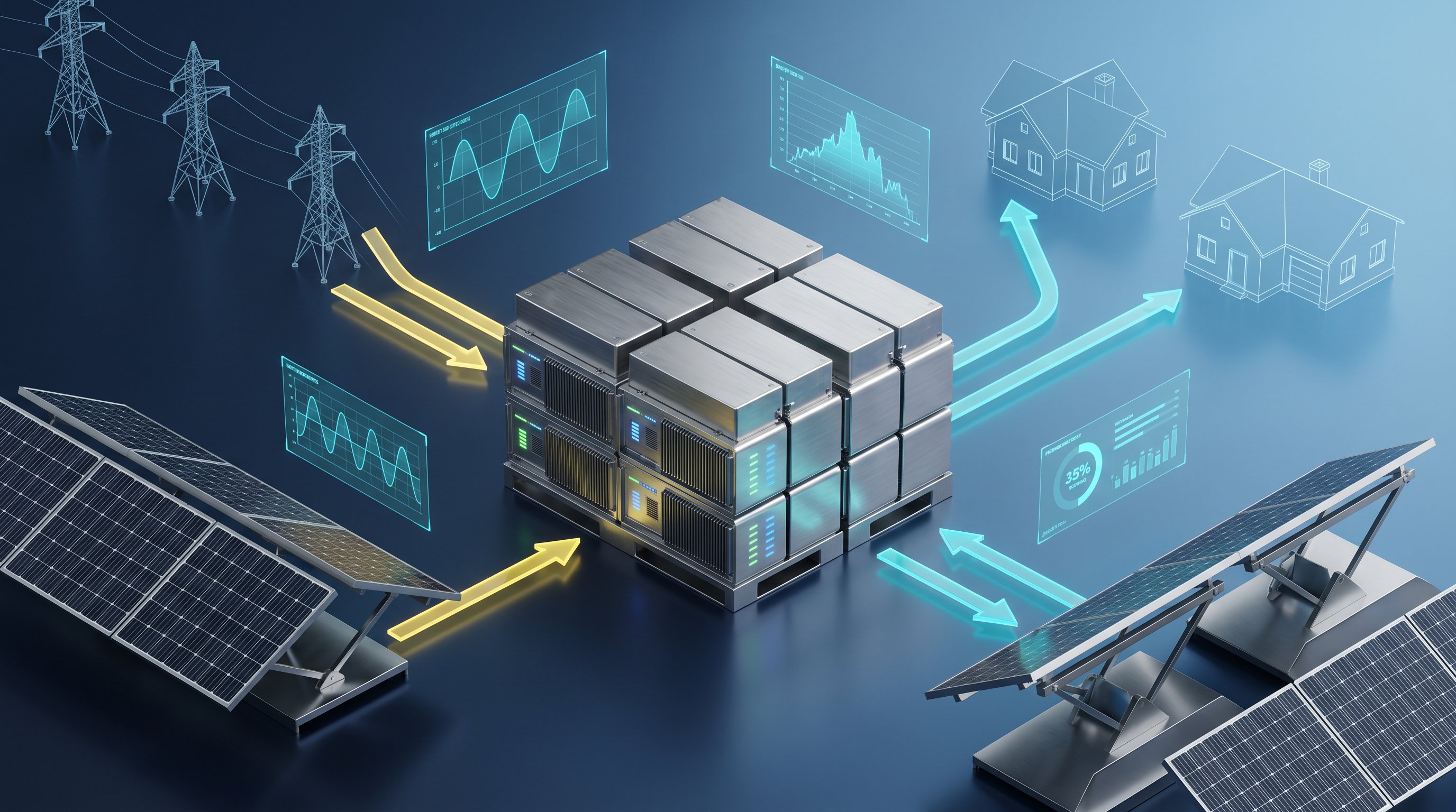 3D render of grid connected battery storage system with bidirectional power flow arrows and solar panels.