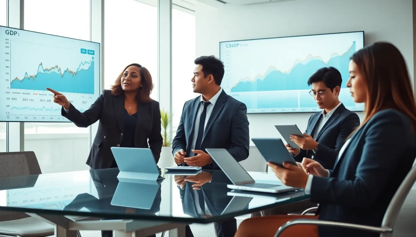 diverse team discussing U.S. economic indicators in a modern office.