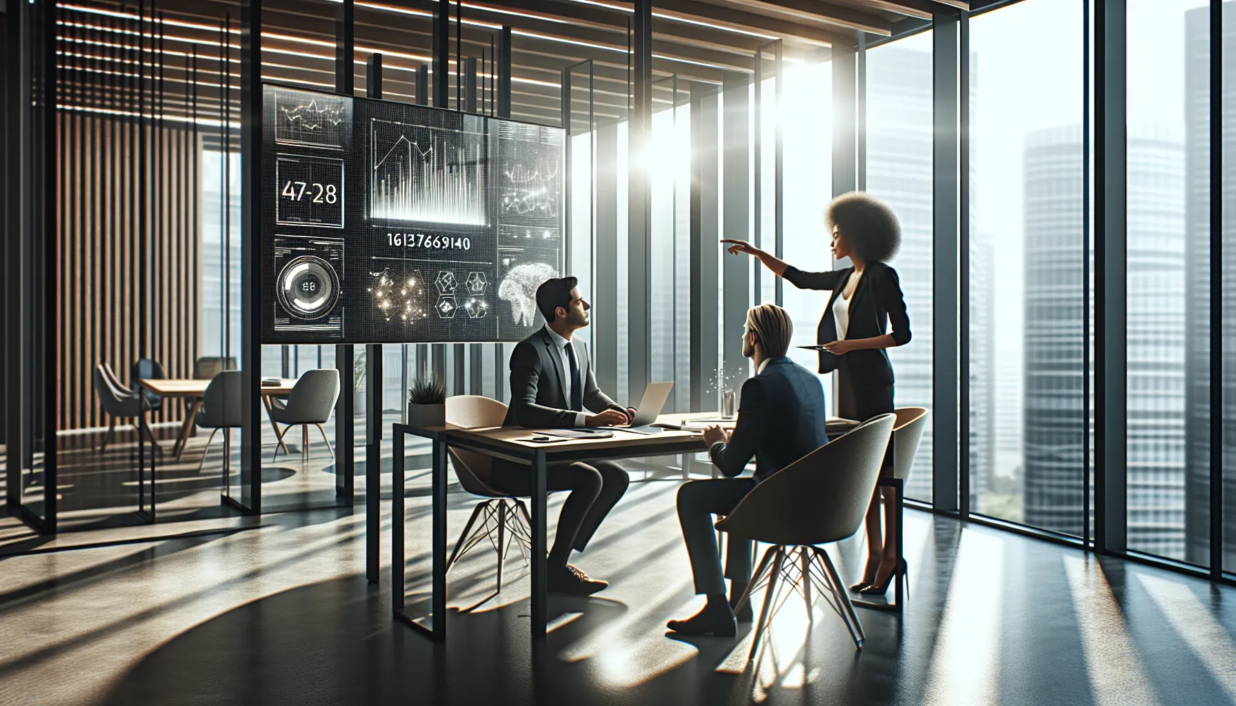 diverse team discussing data analysis in a modern office.