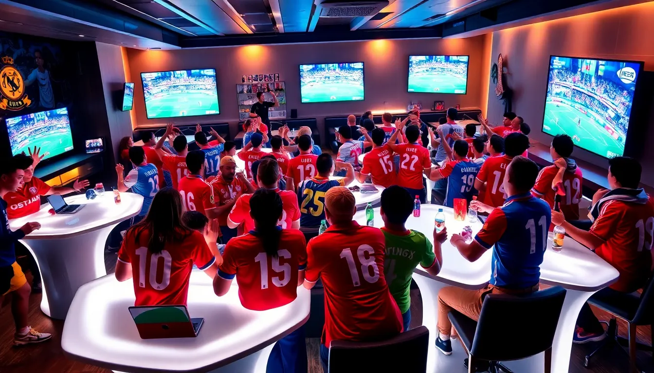 Diverse fans enjoying a football match in a modern viewing lounge.